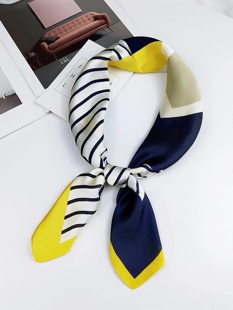 1 écharpe carrée élégante à rayures bleu marine, blanches et jaunes - Matière polyester respirante, 
