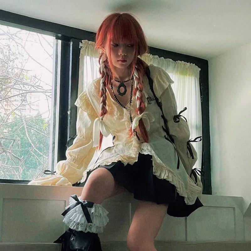 Chemise en dentelle esthétique, chemisiers irréguliers gothiques grunge, chemise bandage Harajuku, v