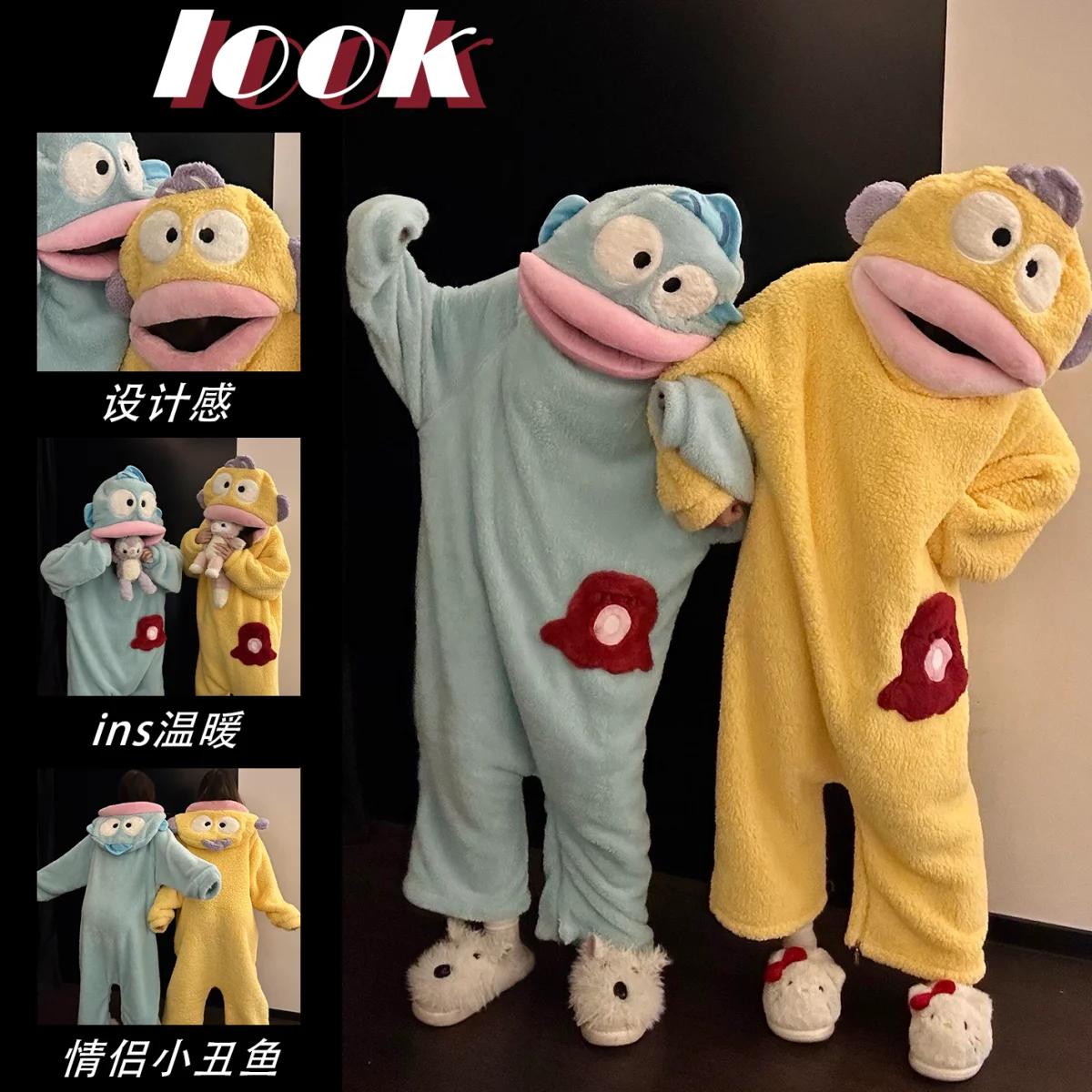 Pyjama Combinaison Hangyodon Mignon en Flanelle Épaisse et Chaude pour Couple, Ensemble Assorti Hive