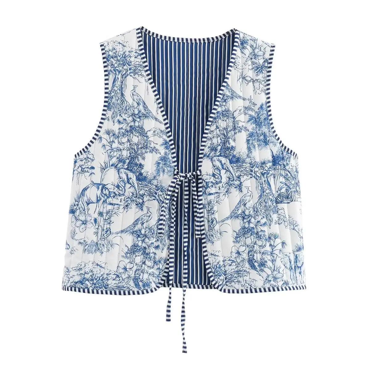 Gilet matelassé à lacets imprimé pour femme, Vintage, mode automne-hiver 2023, rétro, style national