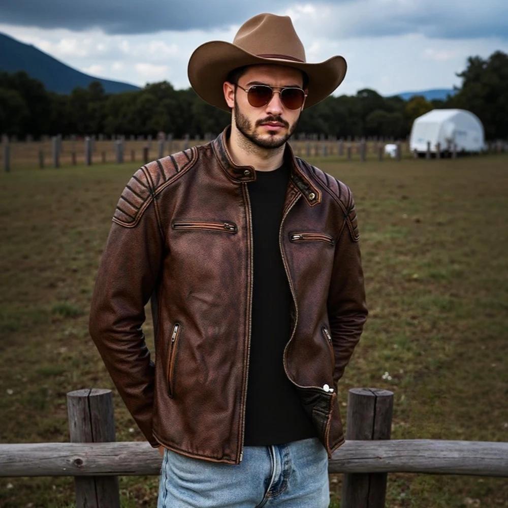 Nouveau 100% veste en cuir de vachette hommes couche supérieure vêtements hommes col montant moto vê