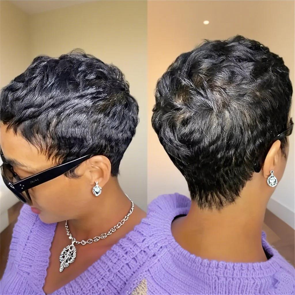 Perruque courte coupe lutin avec frange cheveux humains 180 densité pour les femmes perruque faite à