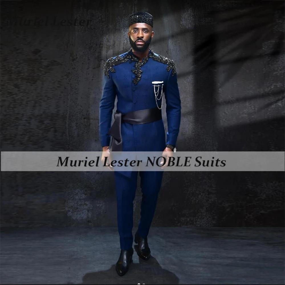 Costume de Mariage Exclusif pour Homme avec Appliques Perlées, Blazer et Pantalon 2 Pièces, Sur Mesu