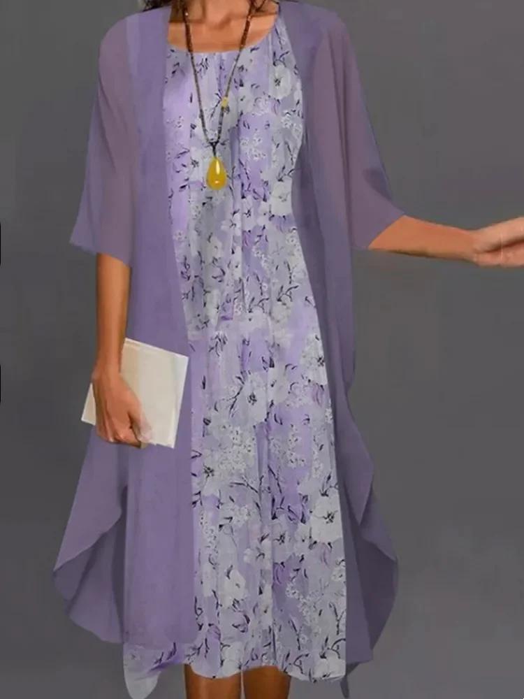 Robe d'été en mousseline de soie pour femmes, sans manches, col rond, imprimé, ample, pour soirée + 