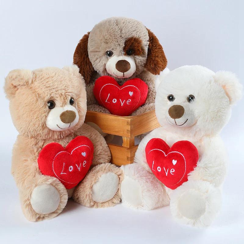 Jouets en peluche ours chien 25CM, mignon, cœur rouge imprimé amour, Animal créatif, poupée en peluc