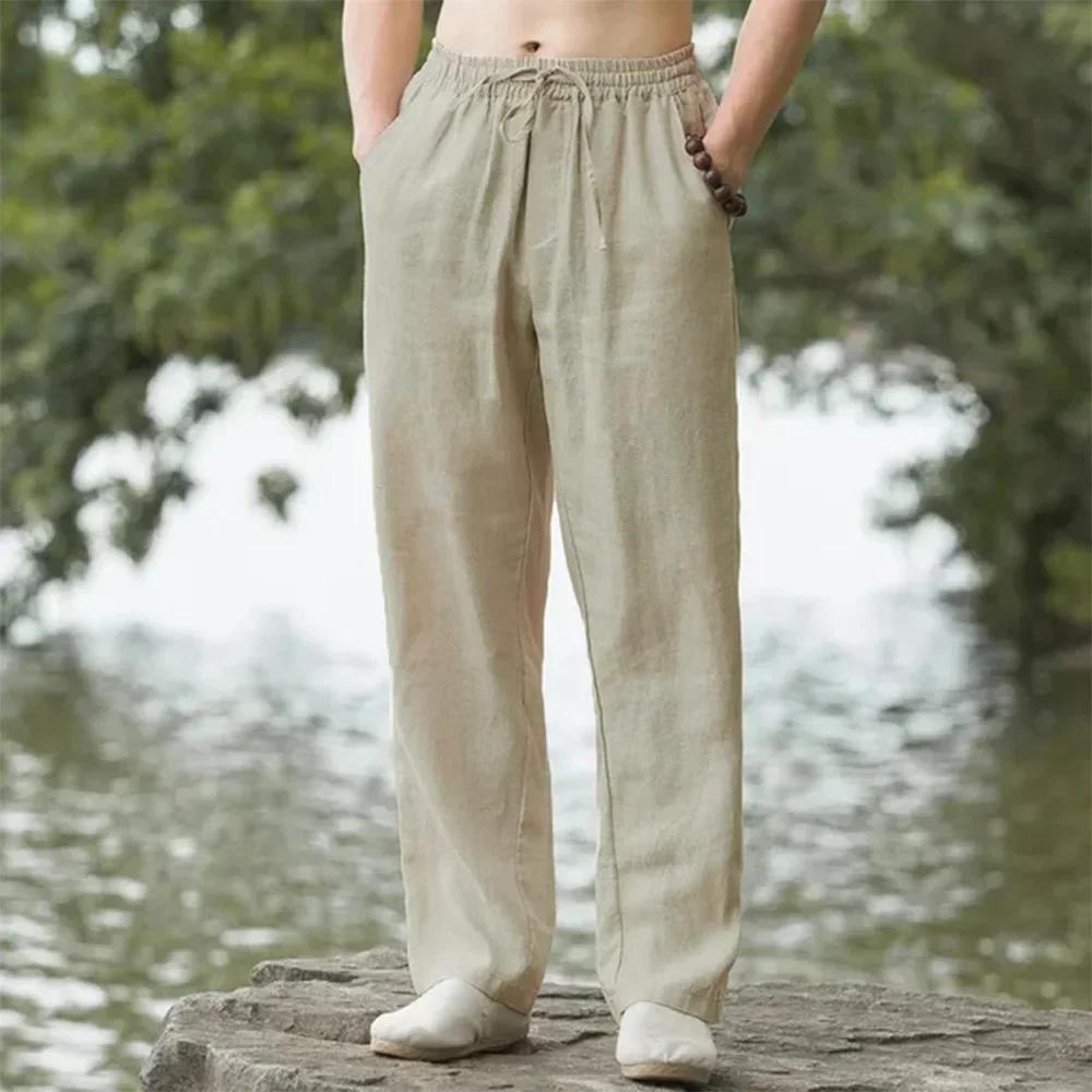 Pantalon de plage pour hommes, jogging, Streetwear, coton et lin, pantalon de survêtement décontract