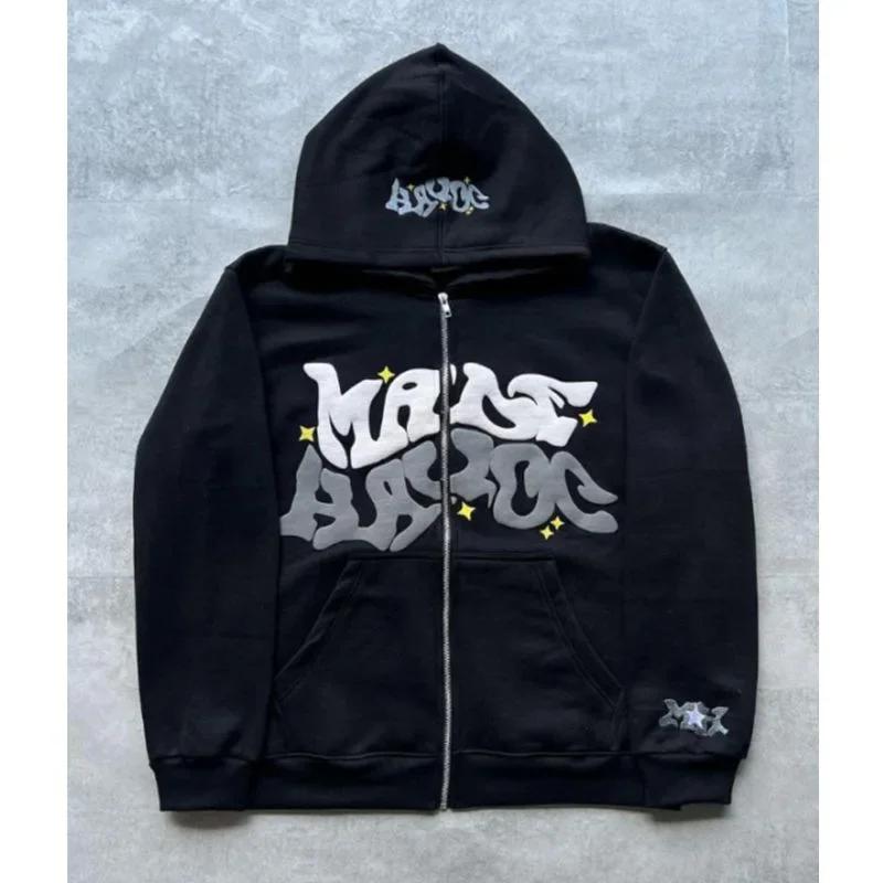 Sweat-shirt à capuche avec fermeture éclair et lettres américaines rétro, adapté aux hommes et aux f