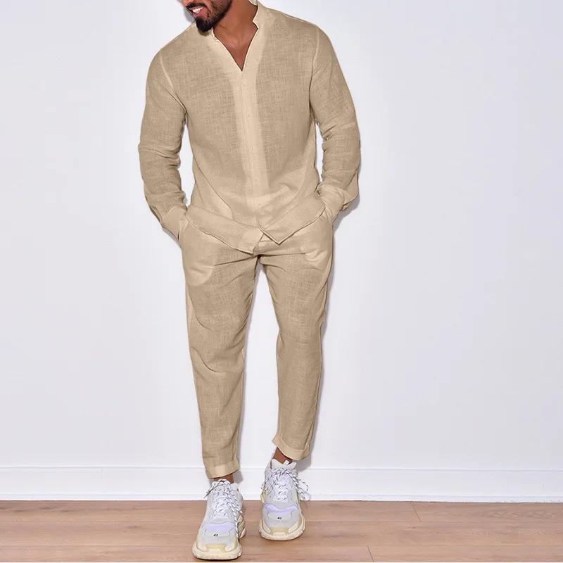 Ensemble chemise respirante à manches longues pour hommes, 100% coton, couleur unie, pantalon décont