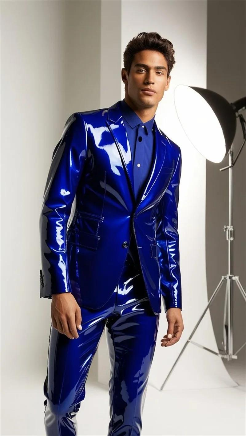 Ensemble de costumes en cuir PU brillant pour hommes, 2 pièces, Blazer + pantalon, smoking de mariag