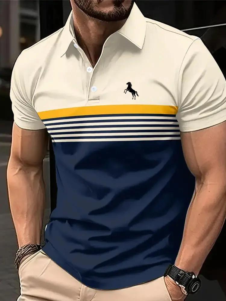 Polo décontracté à manches courtes pour hommes, avec imprimé cheval 3D, rayé, Design bloc de couleur