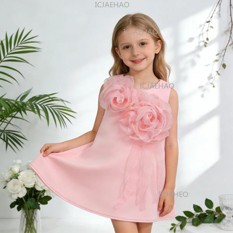 Nouvelle Robe de Princesse Rose Sans Manches pour Filles, Robe de Soirée Élégante avec Fleurs 3D pou