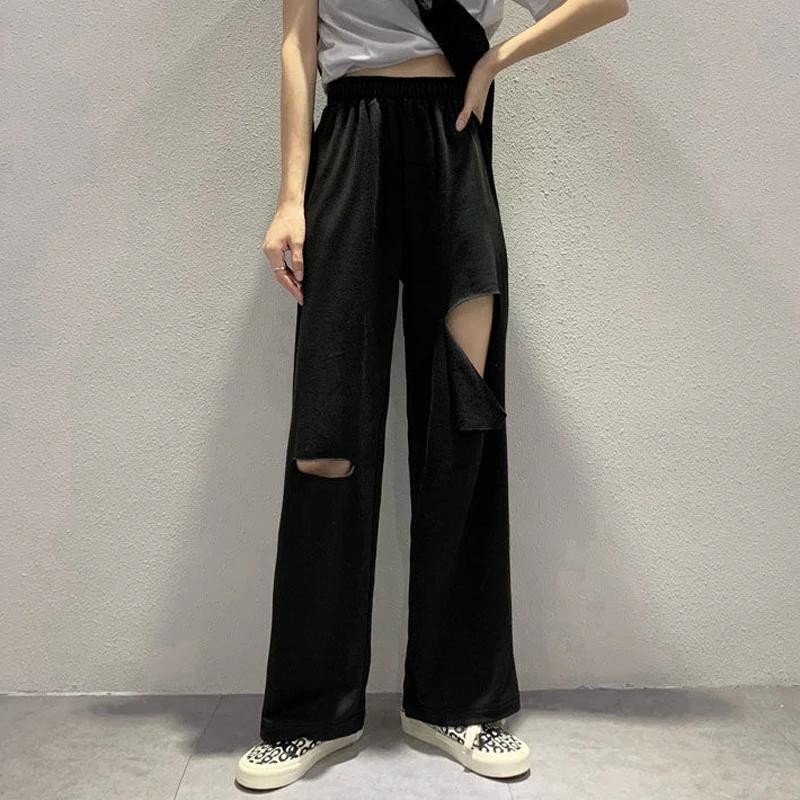 Pantalon Harajuku à jambes larges ajouré pour femmes, jogging, troué, Streetwear Chic, pantalon droi