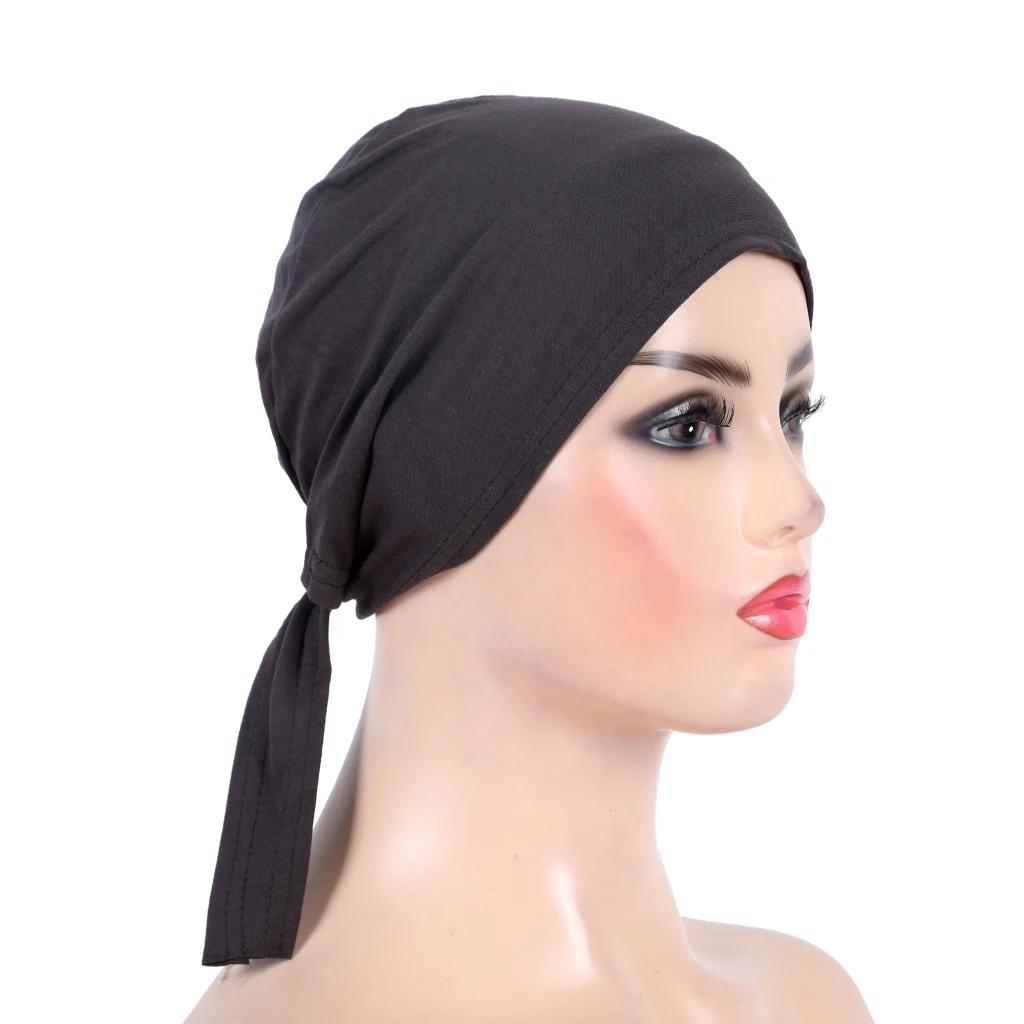 H048 coton uni cravate dos chapeaux Turban musulman couleur Pure extensible intérieur Hijabs sous-éc