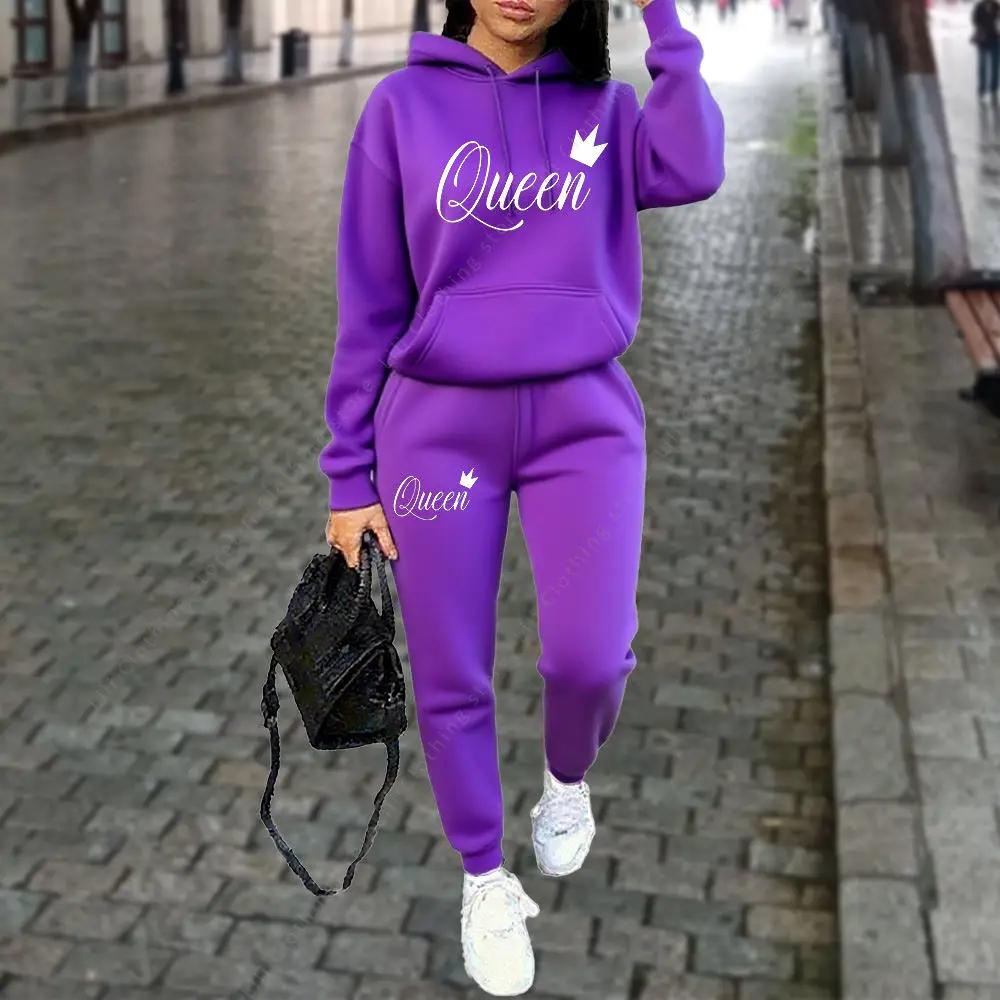 Ensemble 2 pièces pour femme avec imprimé graphique Queen Letter, sweat à capuche et pantalon, tenue
