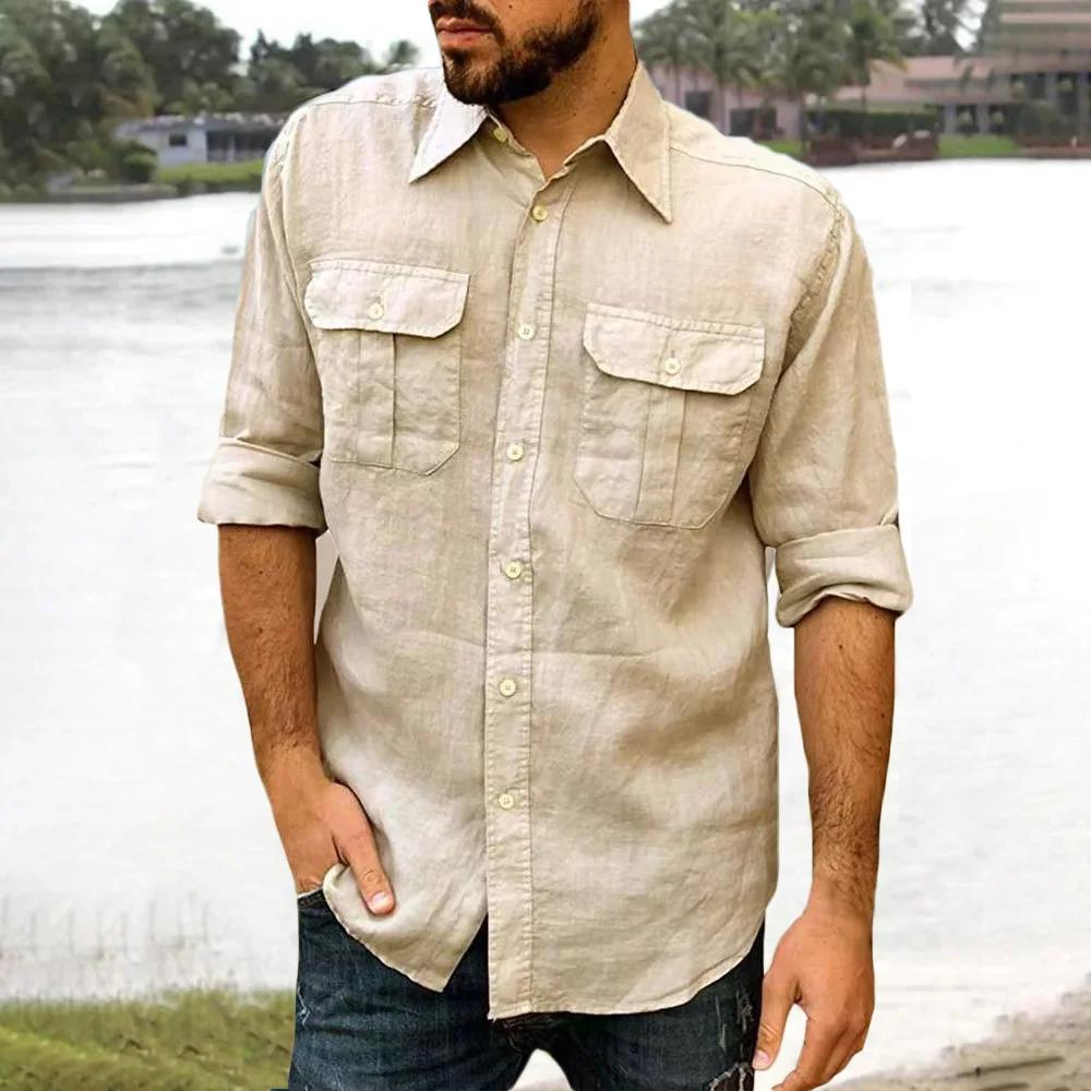 Chemise en coton et lin pour hommes, manches longues, couleur unie, hauts décontractés, revers, Doub
