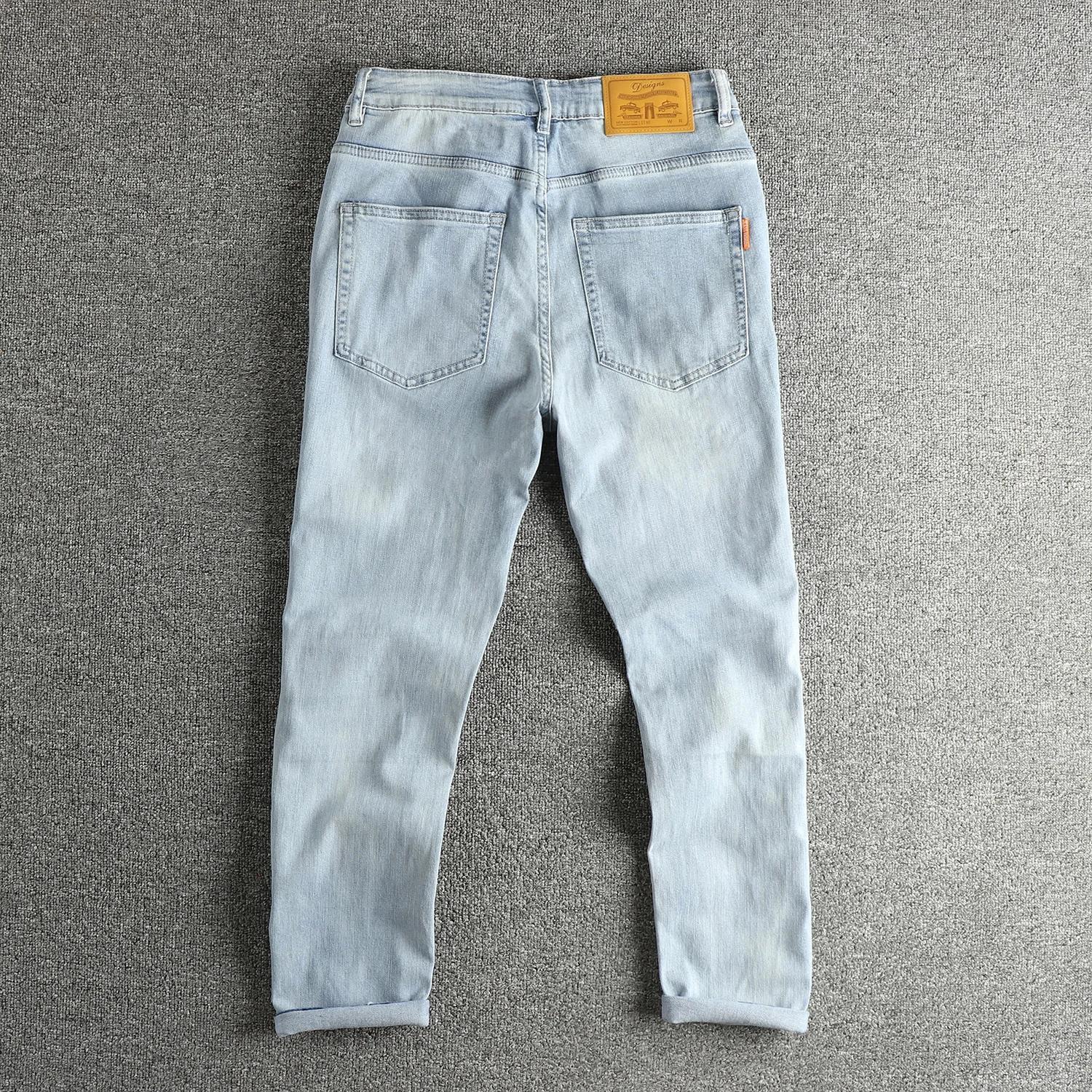 Jean bleu clair délavé rétro pour hommes, pieds slim, pantalon américain polyvalent à neuf points po