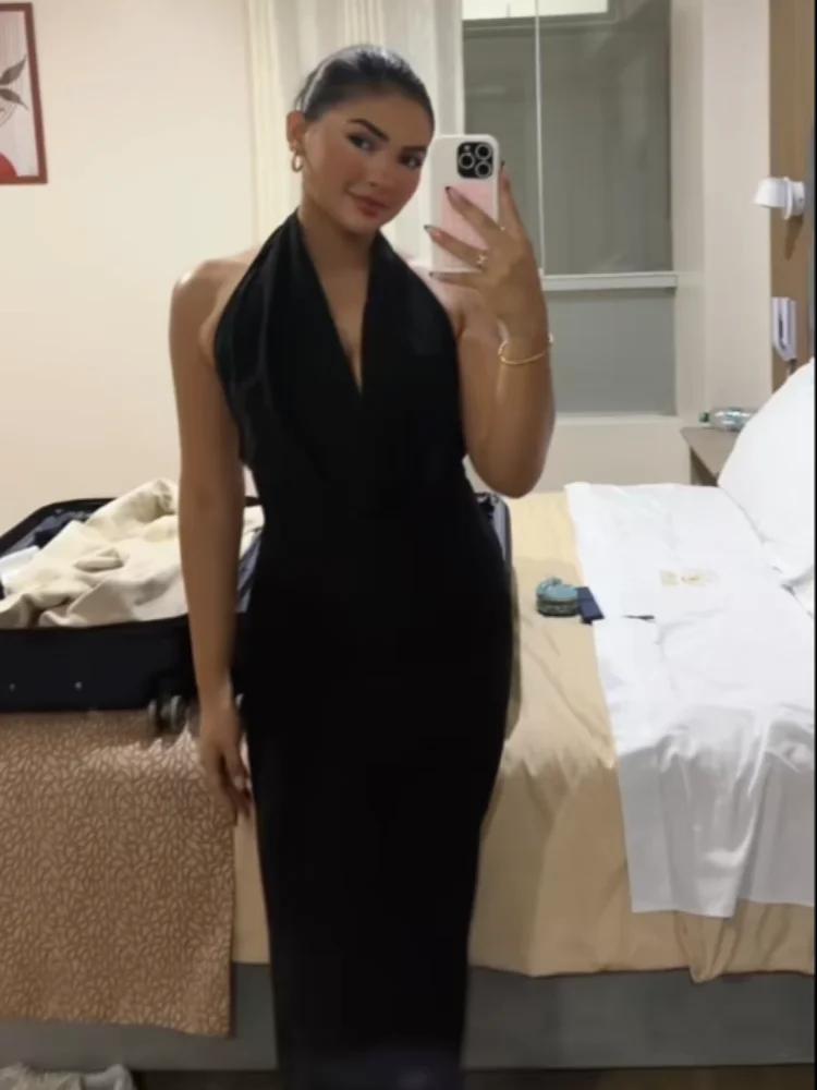 Robe Sexy à Col Halter Plongeant et Drapé, Dos Nu, Sans Manches, Coupe Ajustée, Robe de Soirée Pliss
