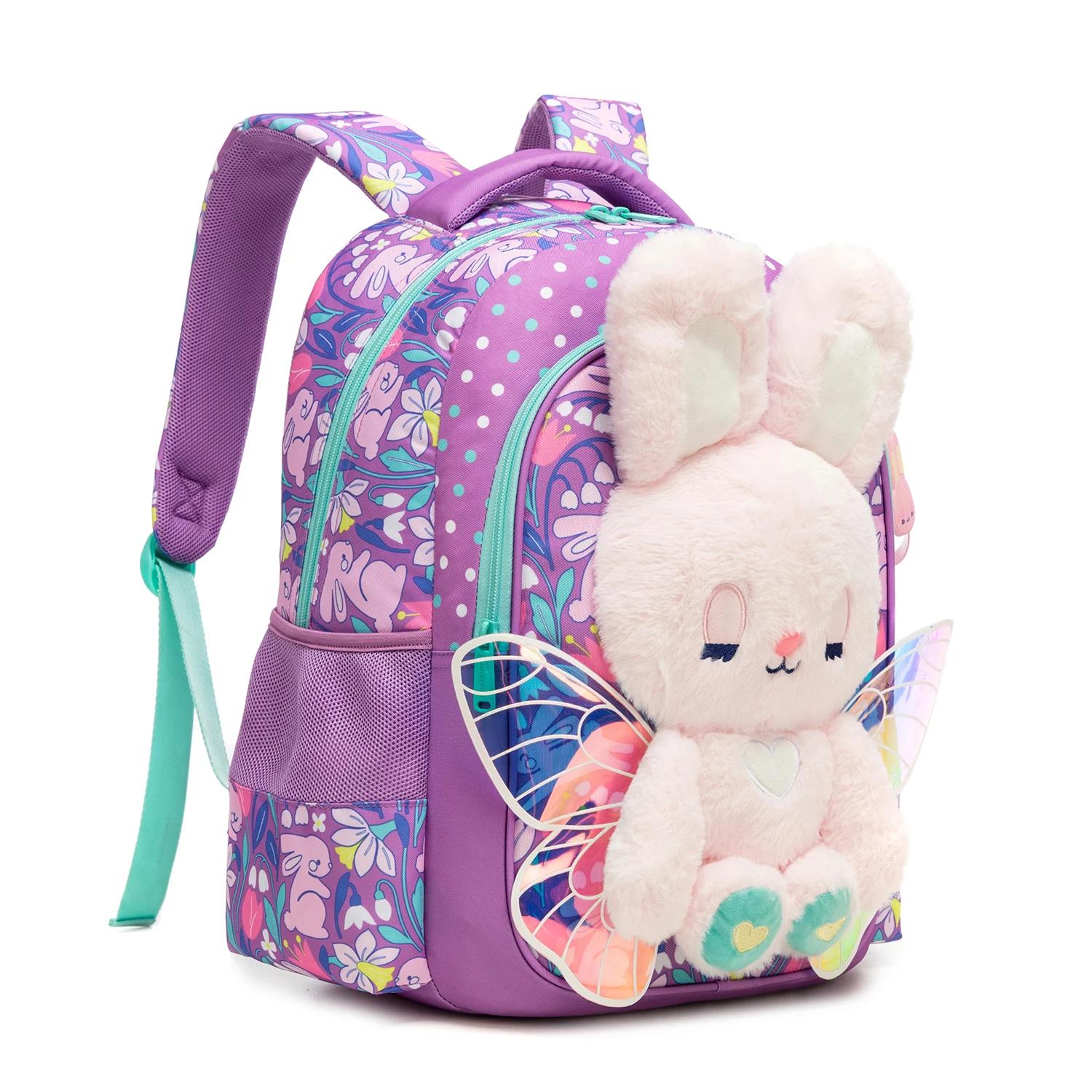 Ensemble de 3 sacs à dos pour filles, mignon lapin en peluche 3D avec ailes - Sac à dos scolaire à i
