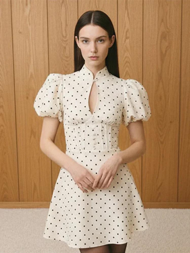Robe Courte Rétro à Pois Coupe Trapèze pour Femme, Élégante, Col Montant, Manches Courtes Bouffantes