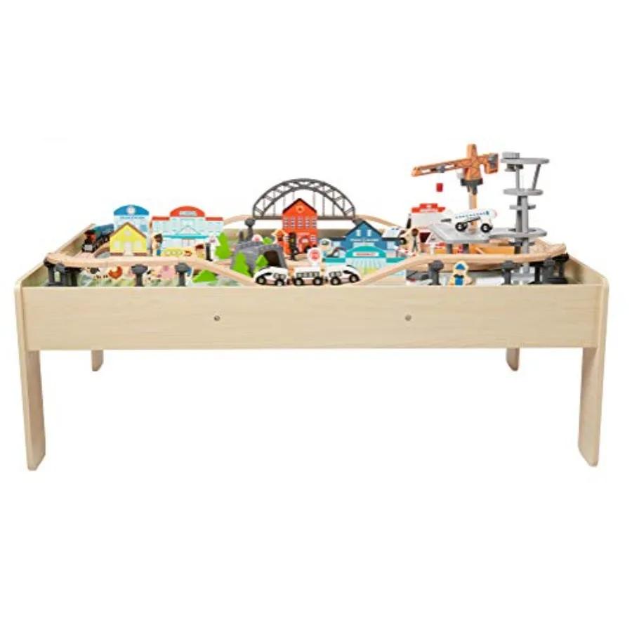Amazon Basics Ensemble de train en bois de 120 pièces avec table d'activité Pistes robustes Poubelle