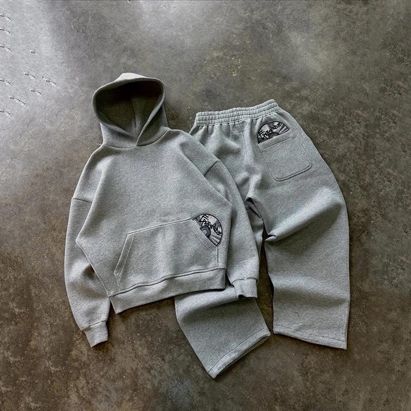 Ensemble sweat à capuche et pantalon tendance printemps, motif brodé 3D, couleur unie Y2K, ensemble 