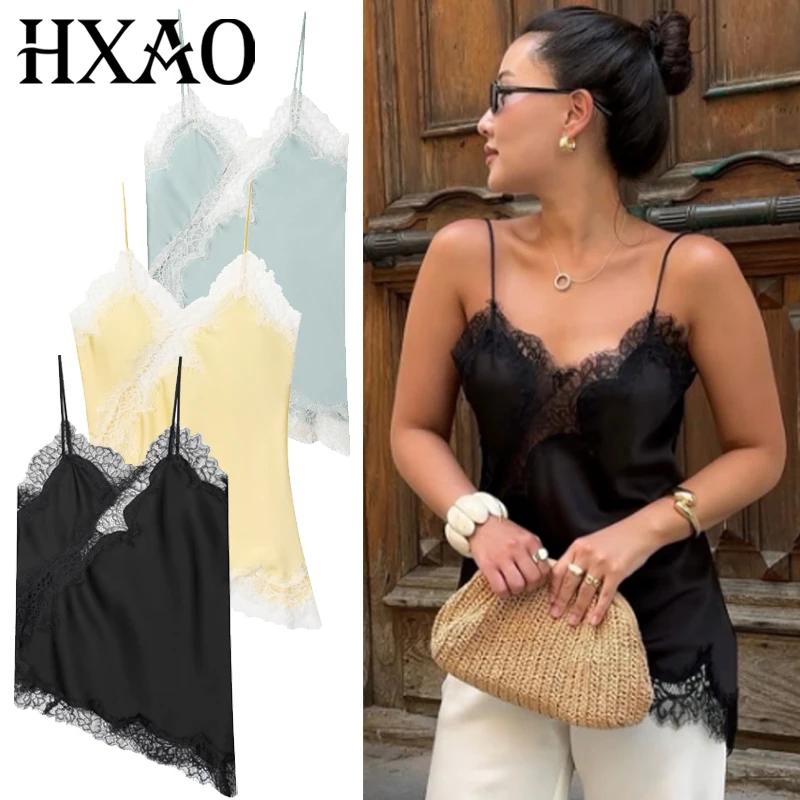 HXAO asymétrique haut à bretelles femmes été 2025 Y2K débardeurs et Camis dentelle noir épaules dénu