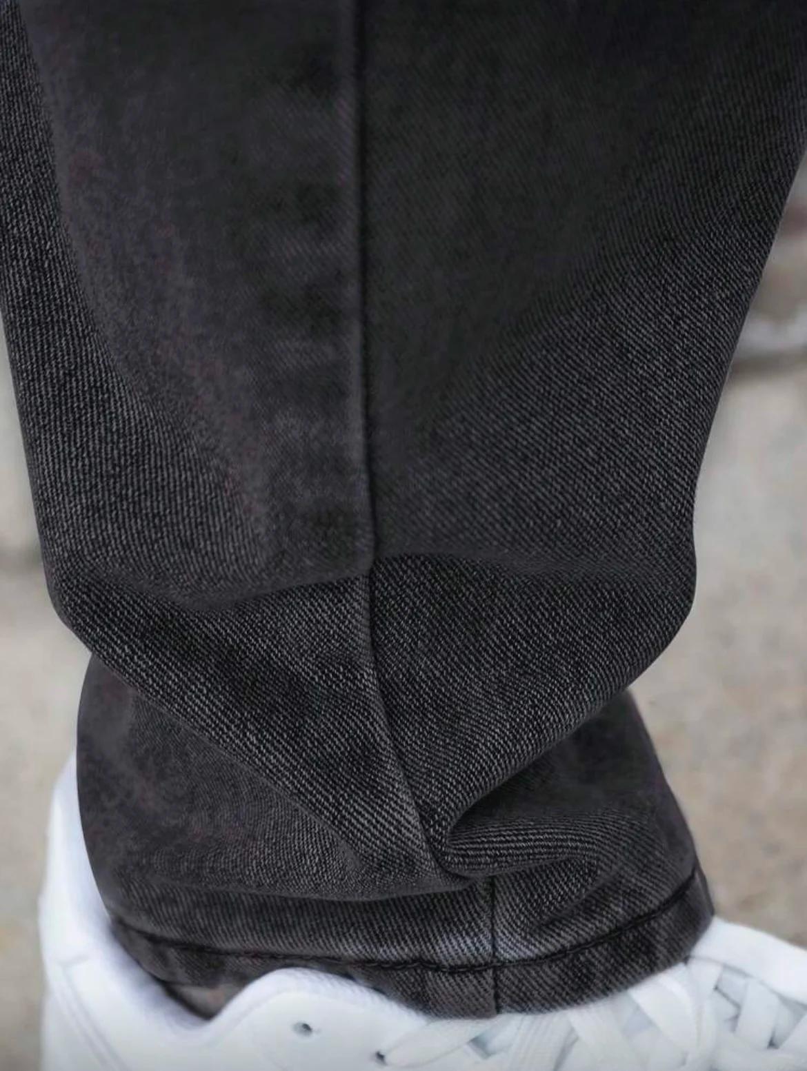 Jean droit ample pour hommes, délavé gris foncé Vintage, tenue quotidienne décontractée, confortable
