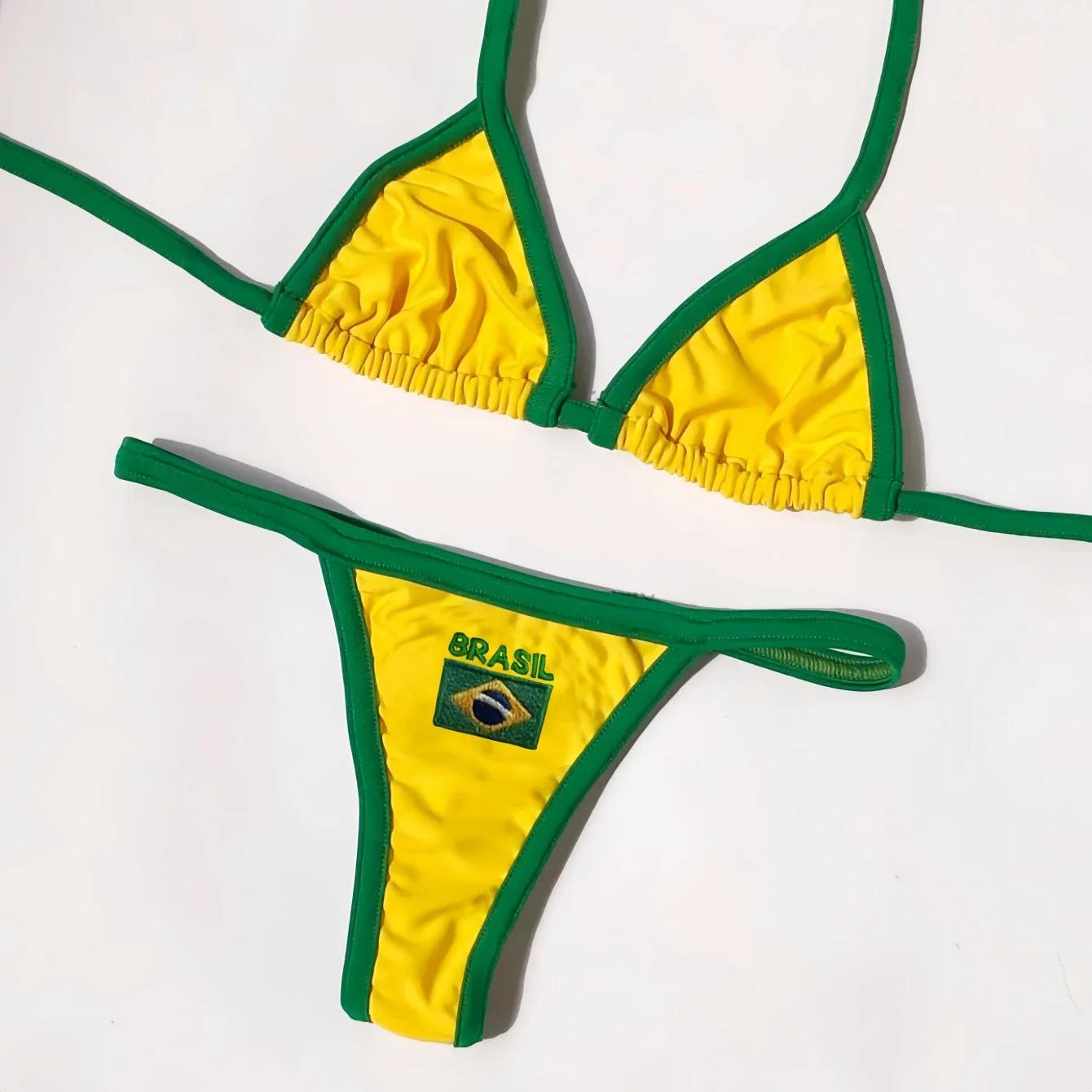 RUOTONSEPT Sexy broderie drapeau du brésil contraste fendu Bikini ensemble femmes maillots de bain P