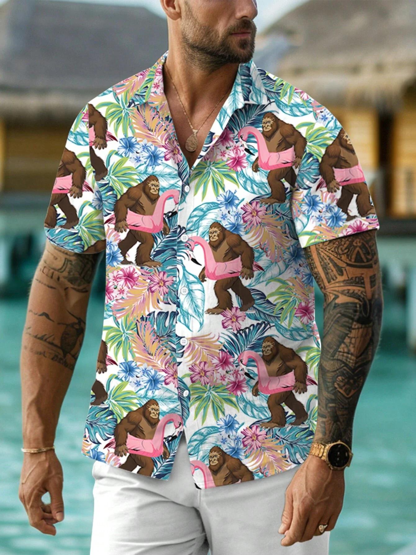 Chemise à manches courtes imprimée Allover pour hommes, col rabattu, fermeture à bouton complet sur 