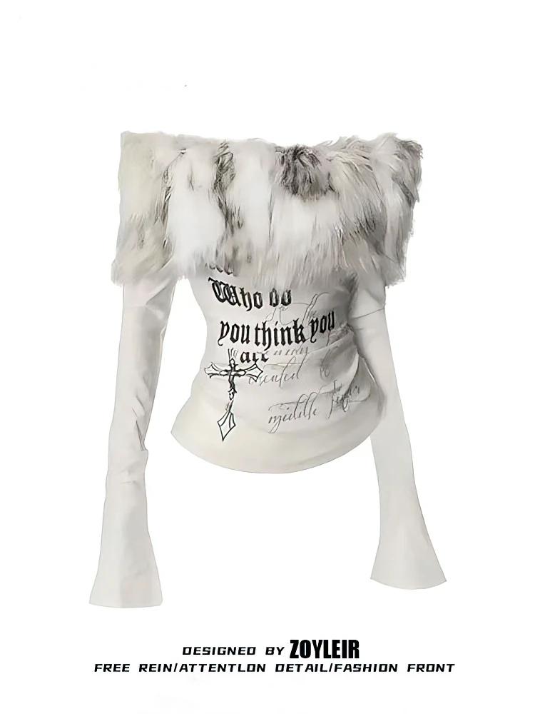 T-shirt manches longues femme, haut à épaules dénudées, Vintage, basique, blanc, Y2k, automne-hiver,