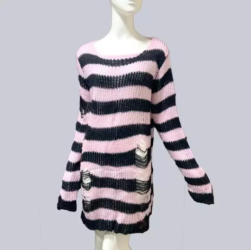 Nouveau Streetwear haut Punk gothique Long unisexe pull été femmes rayé Cool trou creux cassé pull a