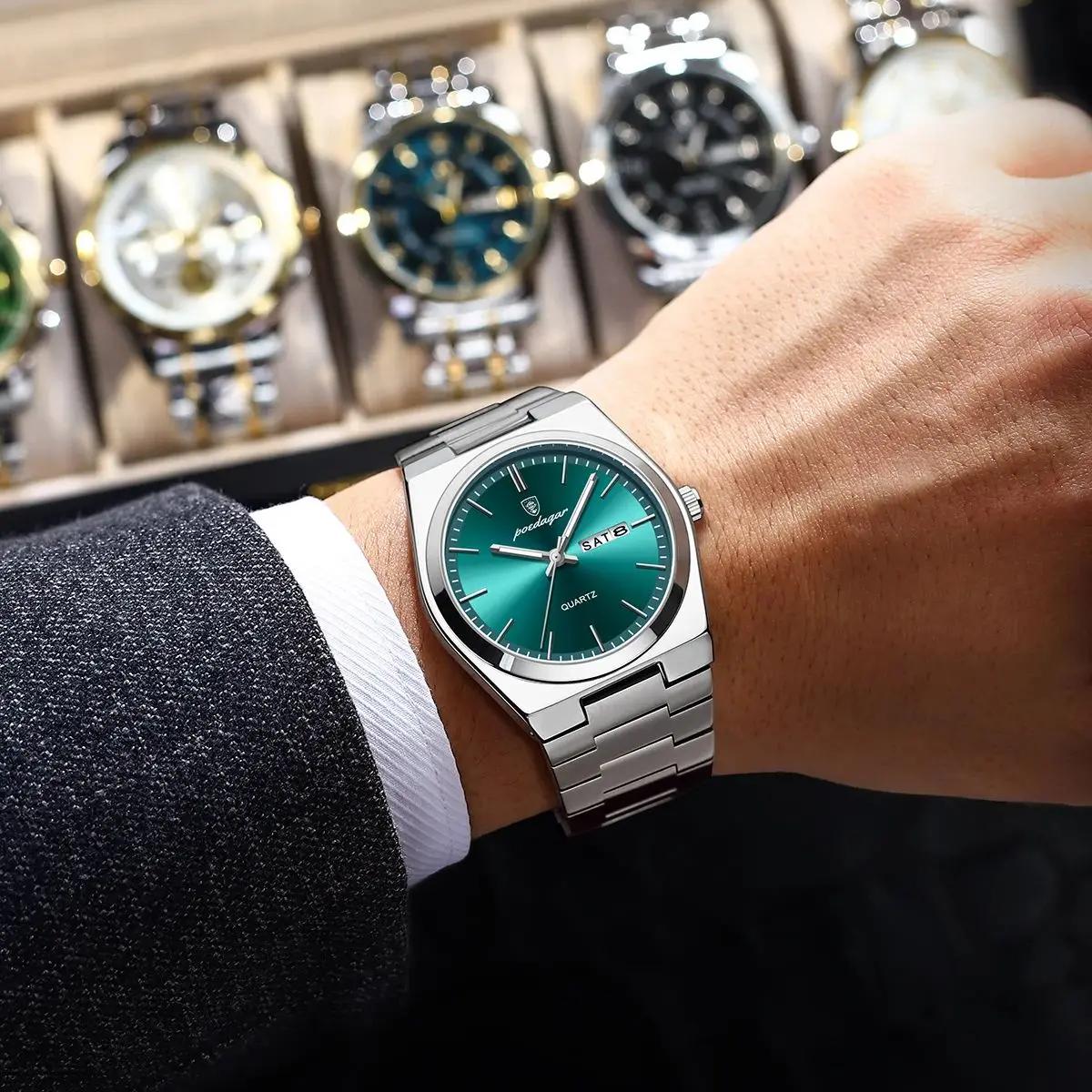 POEDAGAR montres pour hommes de luxe étanche lumineux Date semaine hommes montre en acier inoxydable