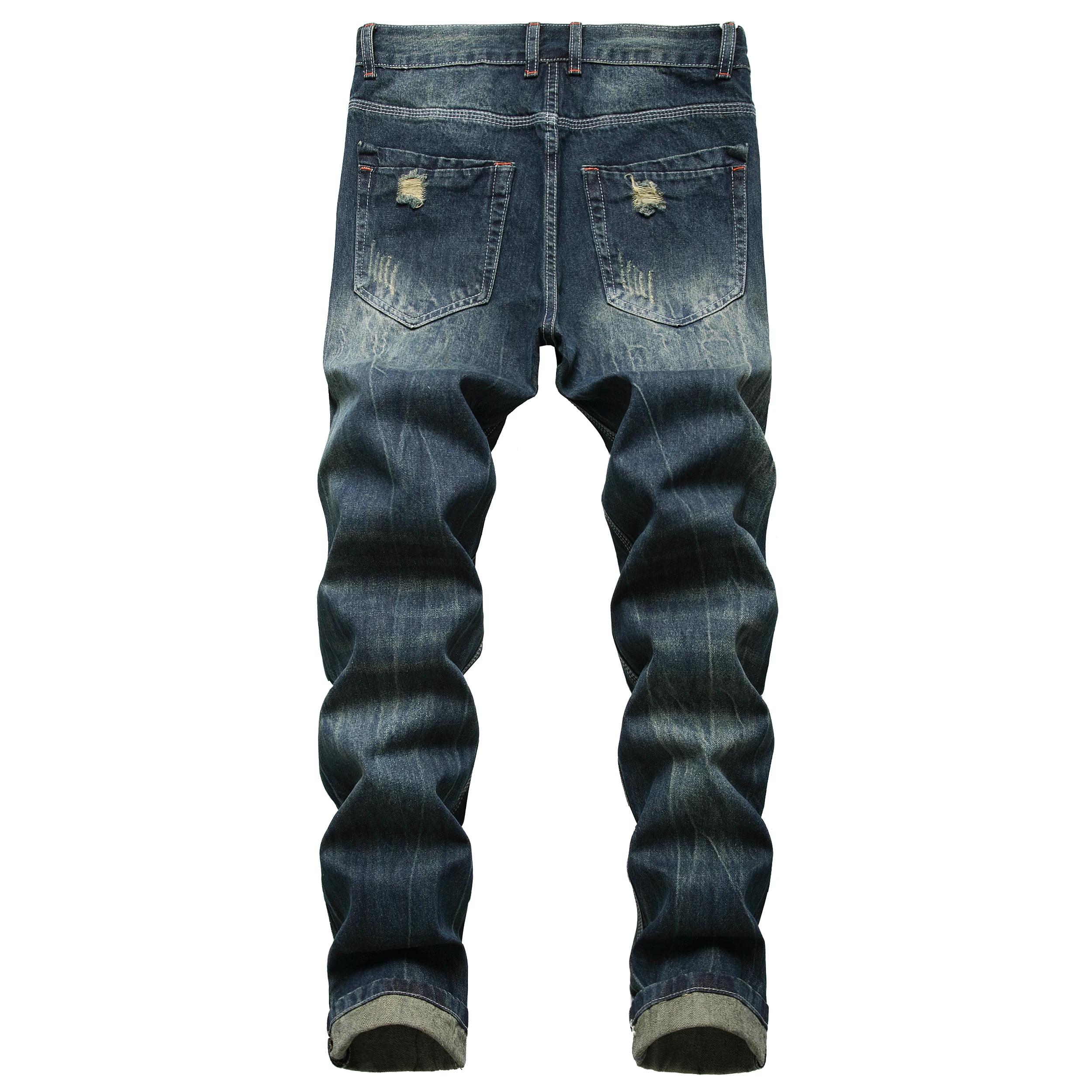 Jeans en denim bleu foncé pour hommes avec trous, ceinture avec coupe droite et non commandée, jeans