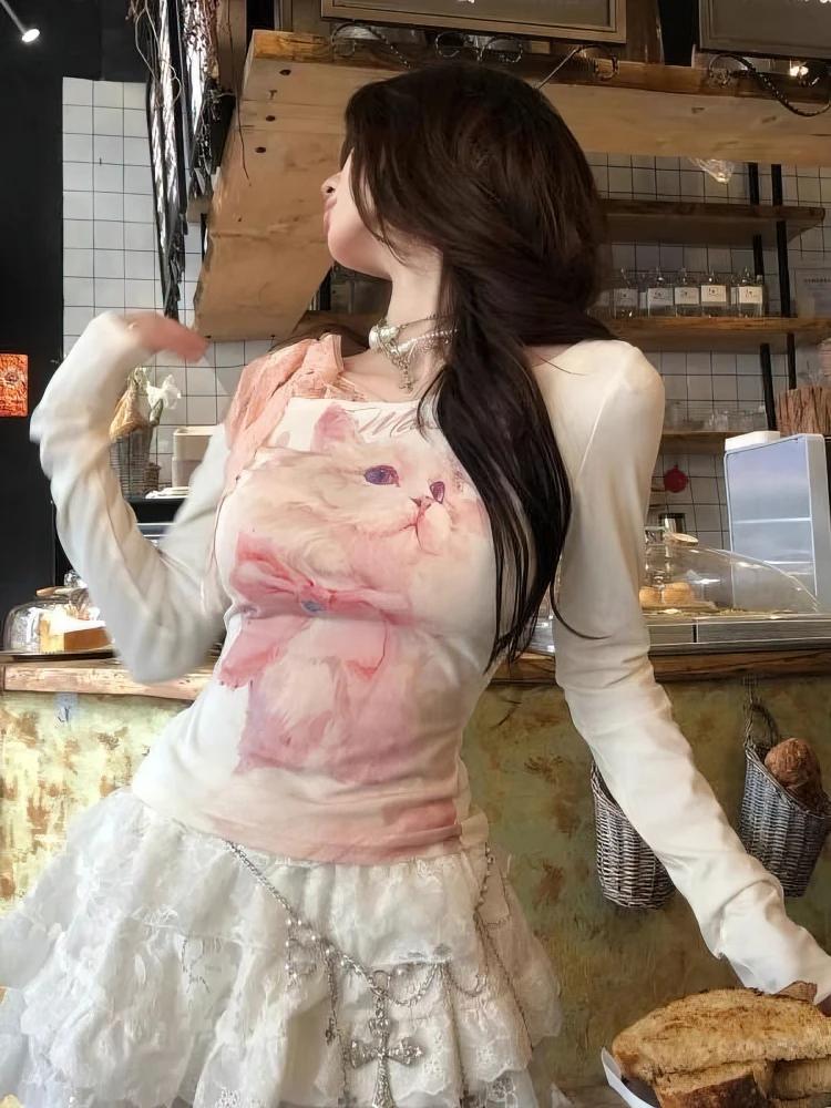 Y2k chat imprimé blanc épaules dénudées à manches longues t-shirt femmes avant rose dentelle nœud at