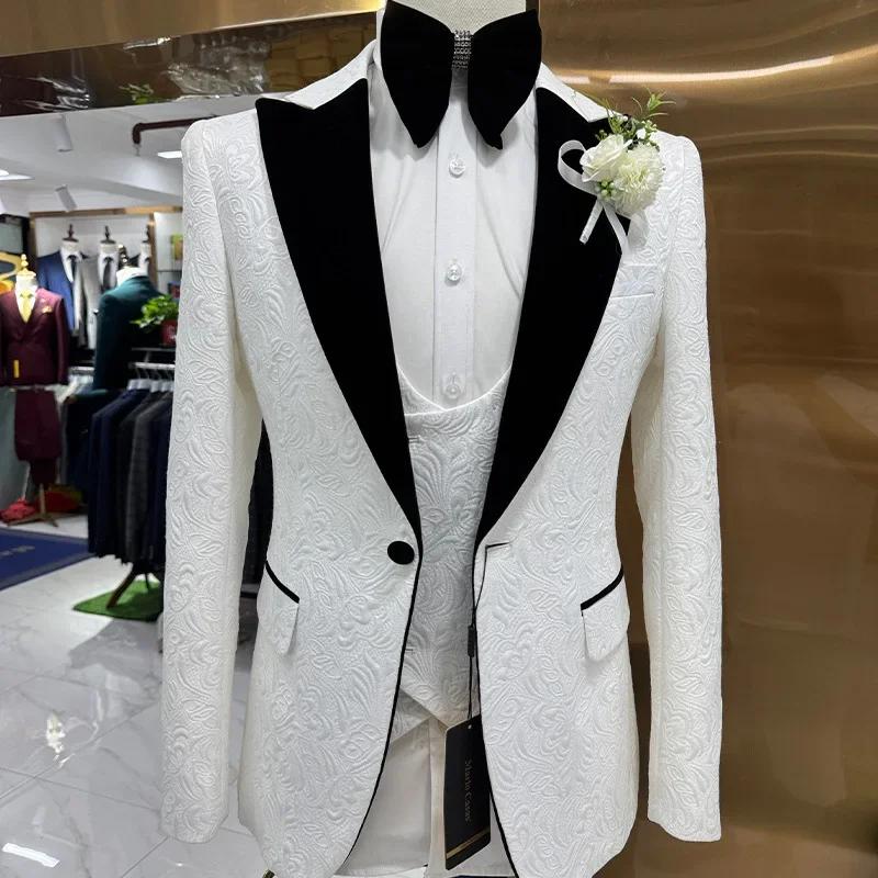 Costumes de mariage Thorndike pour hommes, jacquard blanc avec col en satin noir, smoking 3 pièces, 
