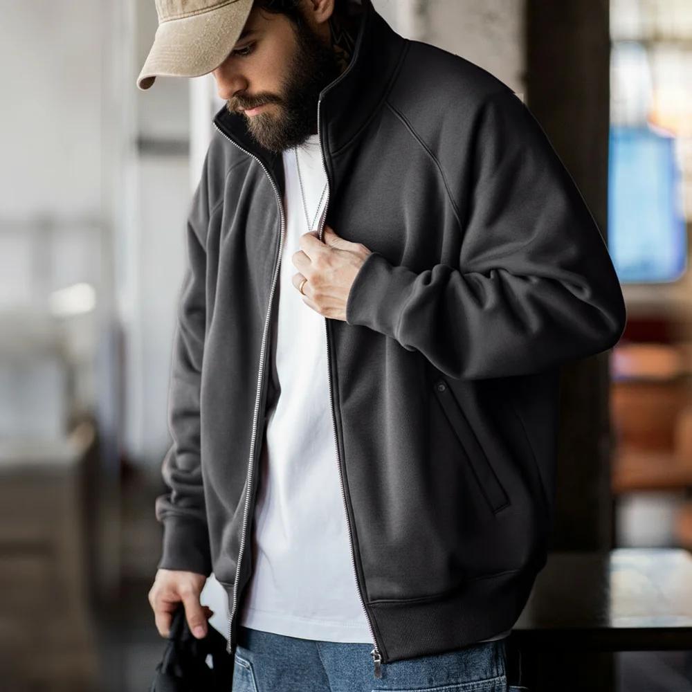 Maden-Cardigan Polar Smile avec col montant pour homme, sweat-shirt de sport, veste à glissière, man