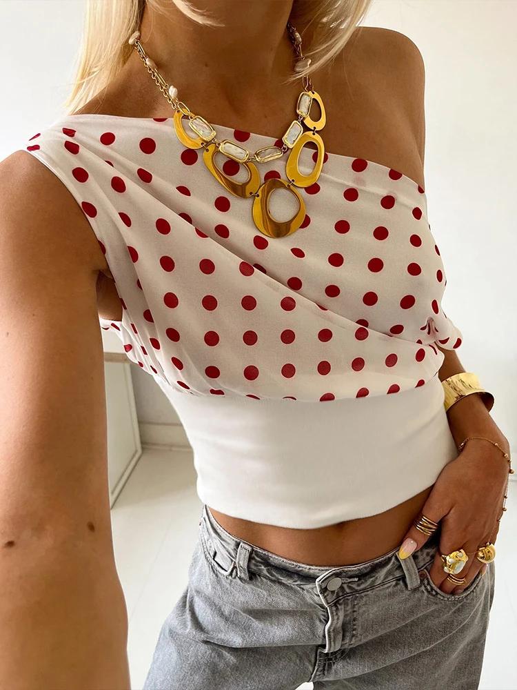 T-Shirts imprimés à pois pour femmes, tendance d'été, col incliné, épaules dénudées, dos nu, mode de