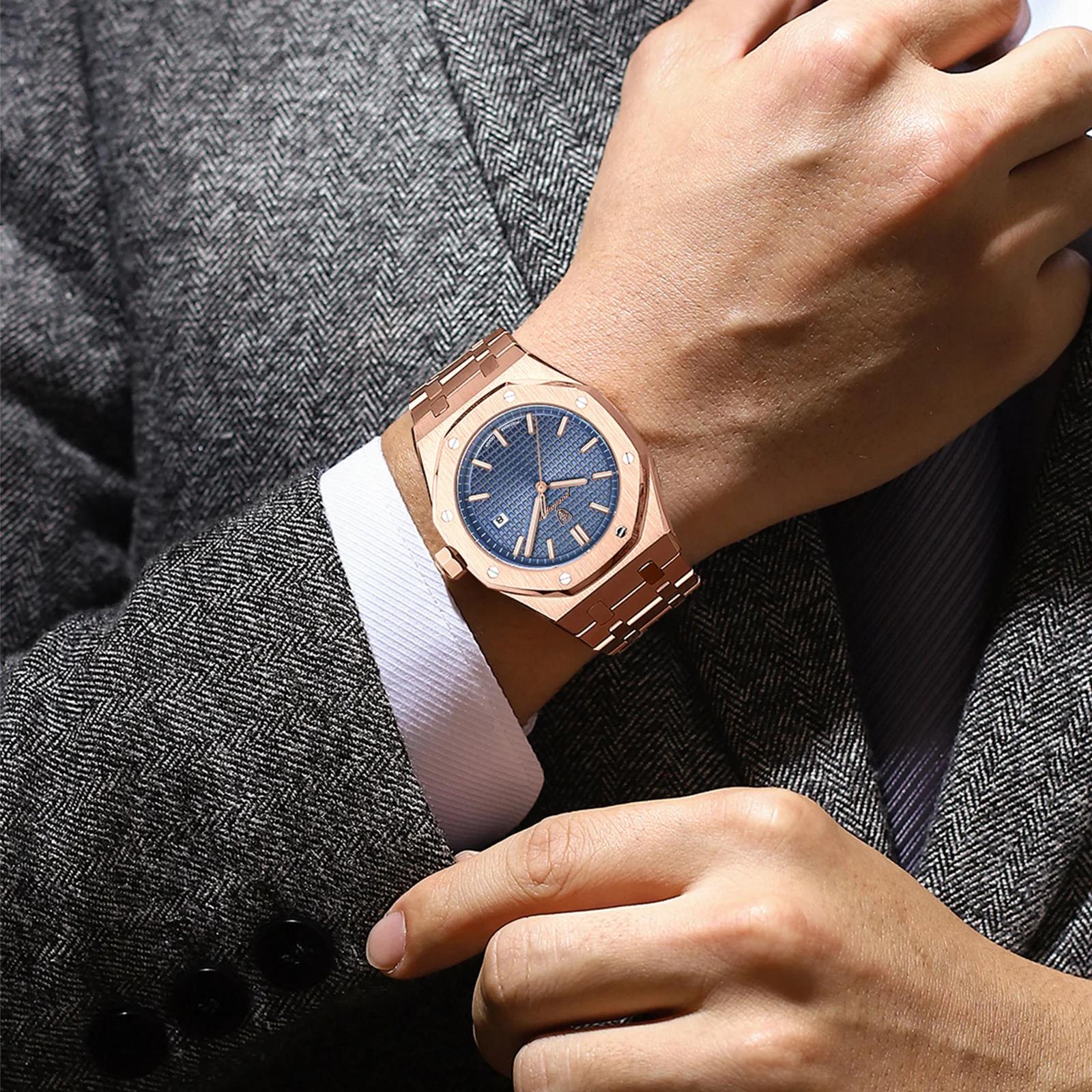 POEDAGAR vente chaude étanche calendrier lumineux en acier inoxydable montre carrée pour hommes étud