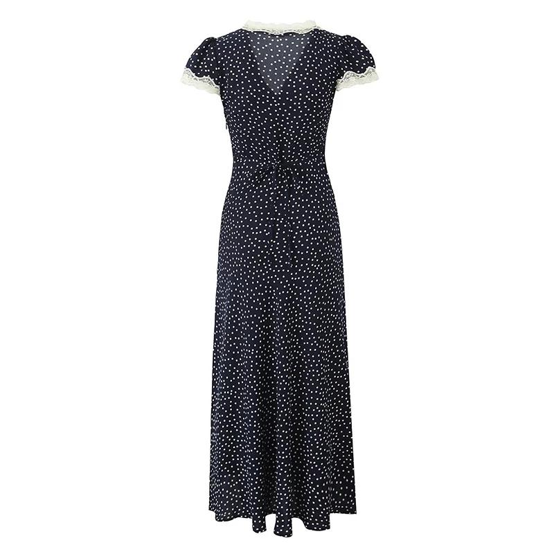 YENKYE-Robe longue bleu marine à pois pour femmes, bordure en dentelle, col en V, manches courtes, l
