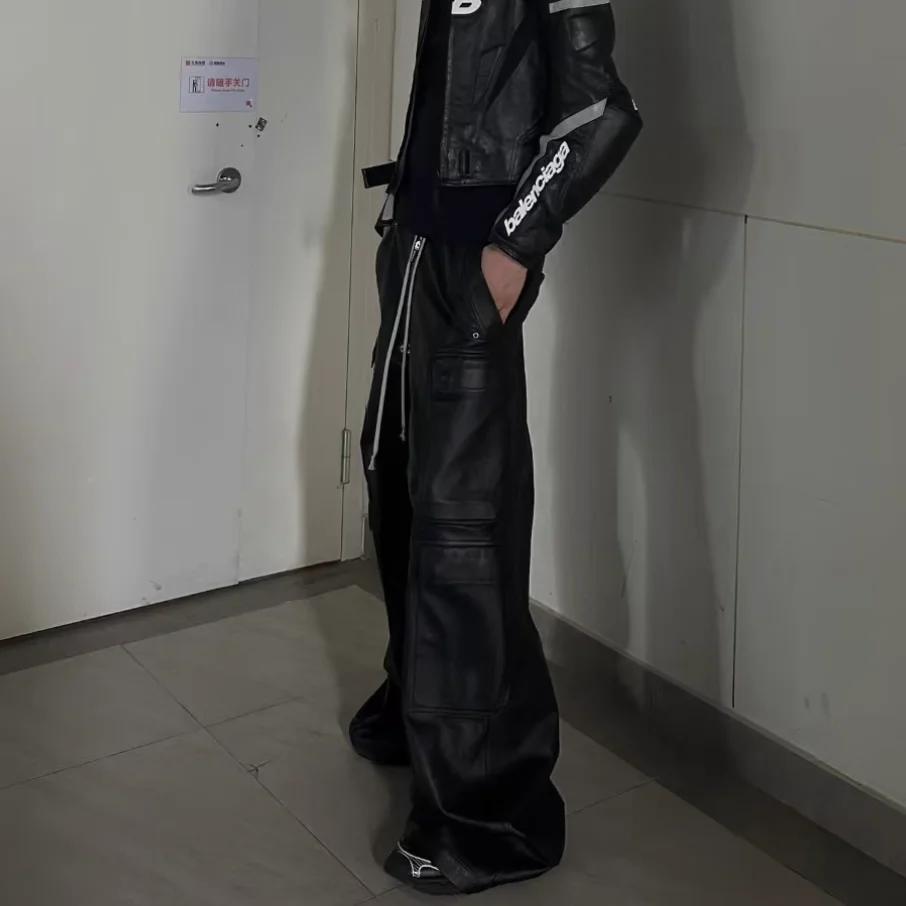 Pantalon en cuir PU mat Style RO pour hommes, pantalon Cargo Baggy à jambes larges avec cordon de se