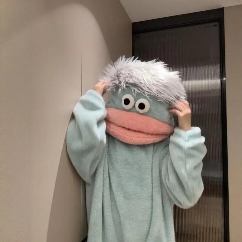Pyjama de dessin animé automne-hiver pour couple, combinaison fantaisie à capuche monstre à bouche é