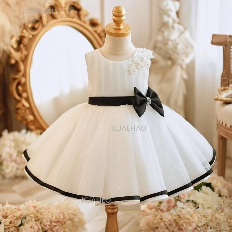 Robe de soirée noire pour filles avec nœud et ceinture, tenue de princesse tutu pour enfants, idéale