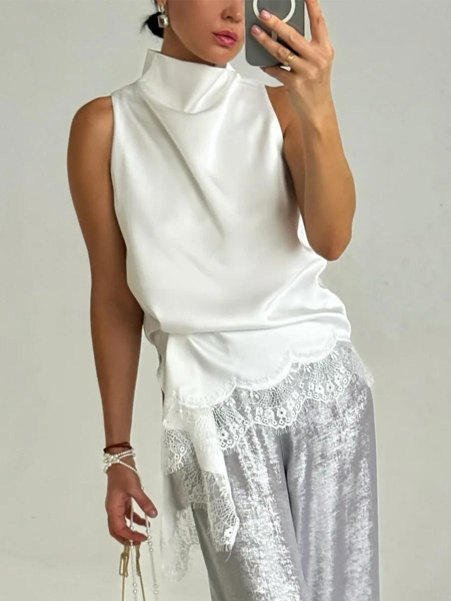 Robe Courte d'Été 2026 pour Femme en Satin à Col Montant, Silhouette Irrégulière, avec Bordure en De