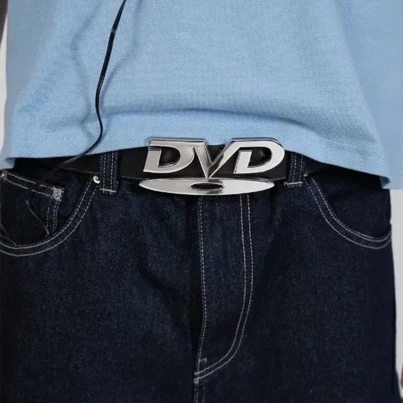 Ceinture unisexe à boucle DVD nostalgique, polyvalente, noire et blanche, décorative, pour hommes et