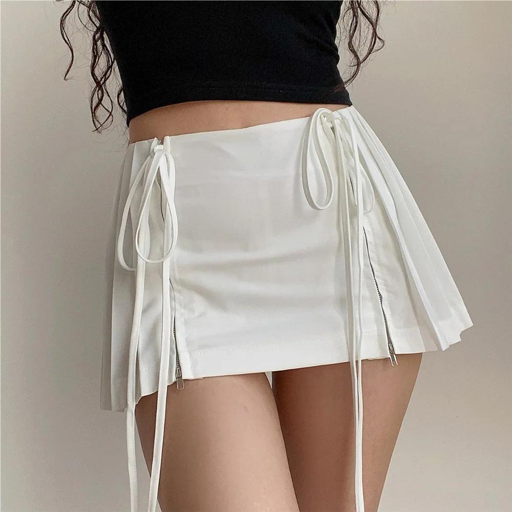 Mini jupe plissée taille haute pour femmes, vêtements de créateurs, fermeture éclair blanche, mode K