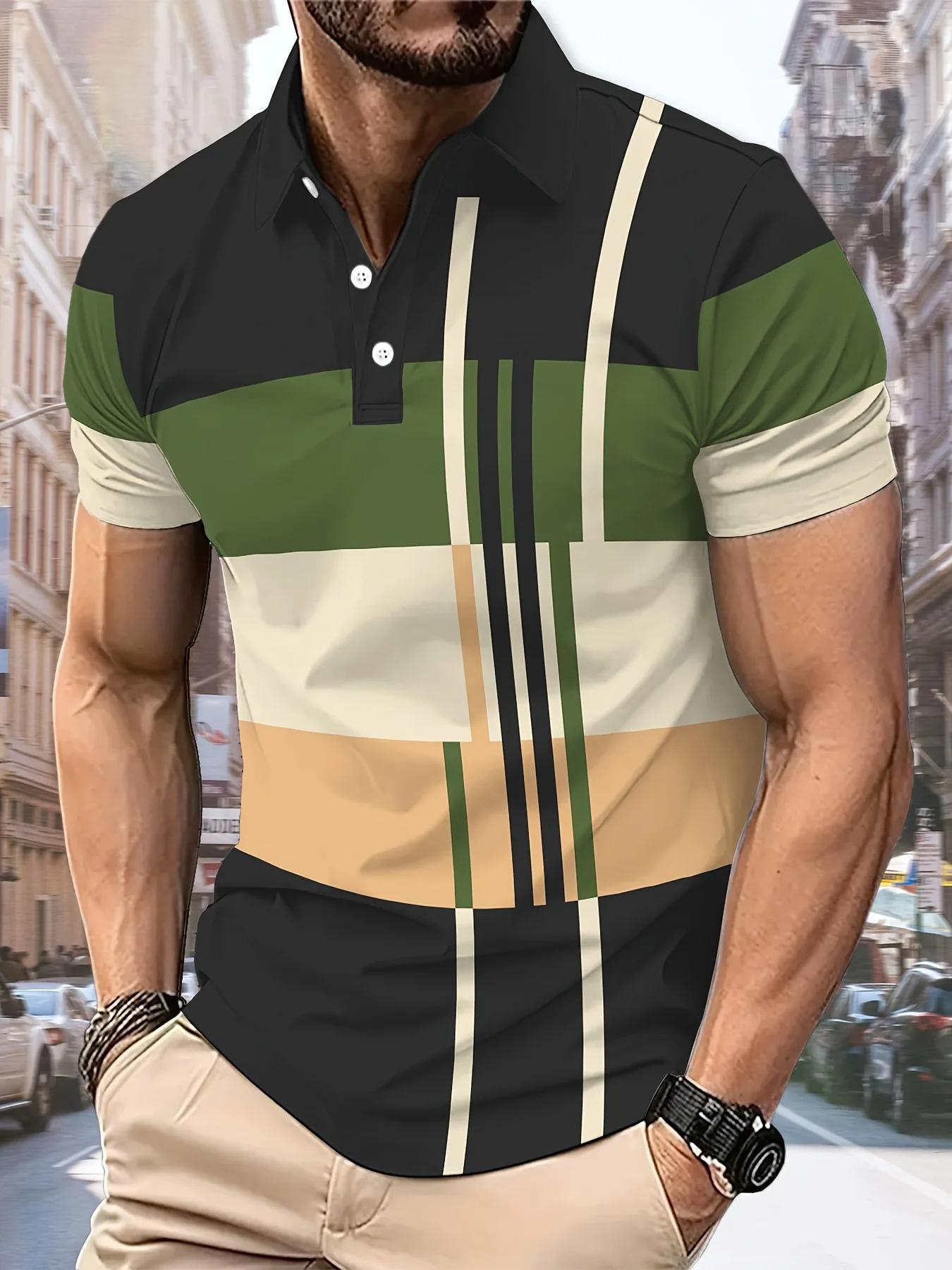 La nouvelle chemise POLO pour hommes d'été 2025 présente une impression de motifs rayés 3D décontrac