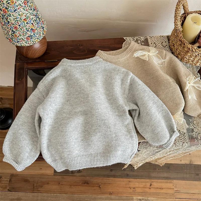 Chandails coréens de couleur unie pour filles, vêtements pour enfants avec nœud mignon, automne hive