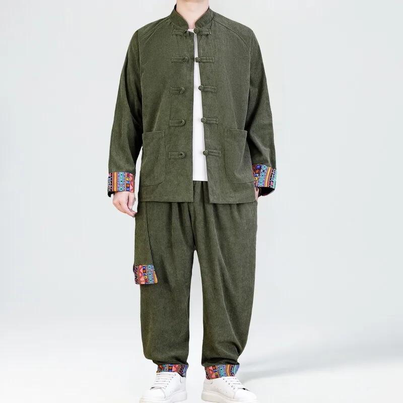 2025 hommes Style chinois rétro Tang costume hommes Patchwork velours côtelé ensemble imprimé Hanfu 