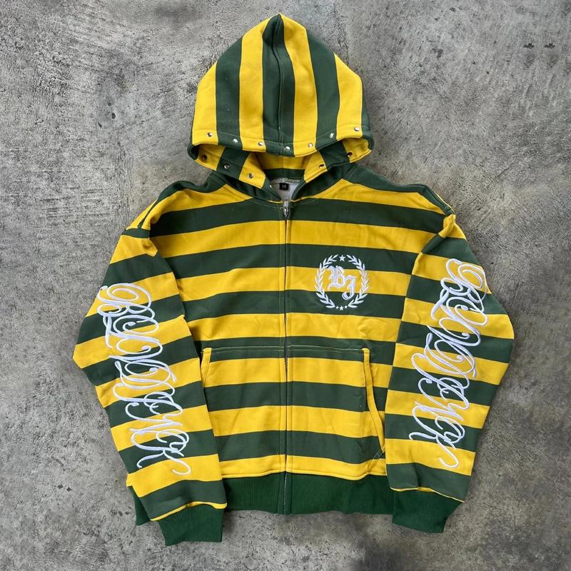 Y2K Street Kid sweat à capuche zippé rayure Rivet motif de broderie sweat nouveaux hommes Hip Hop mo