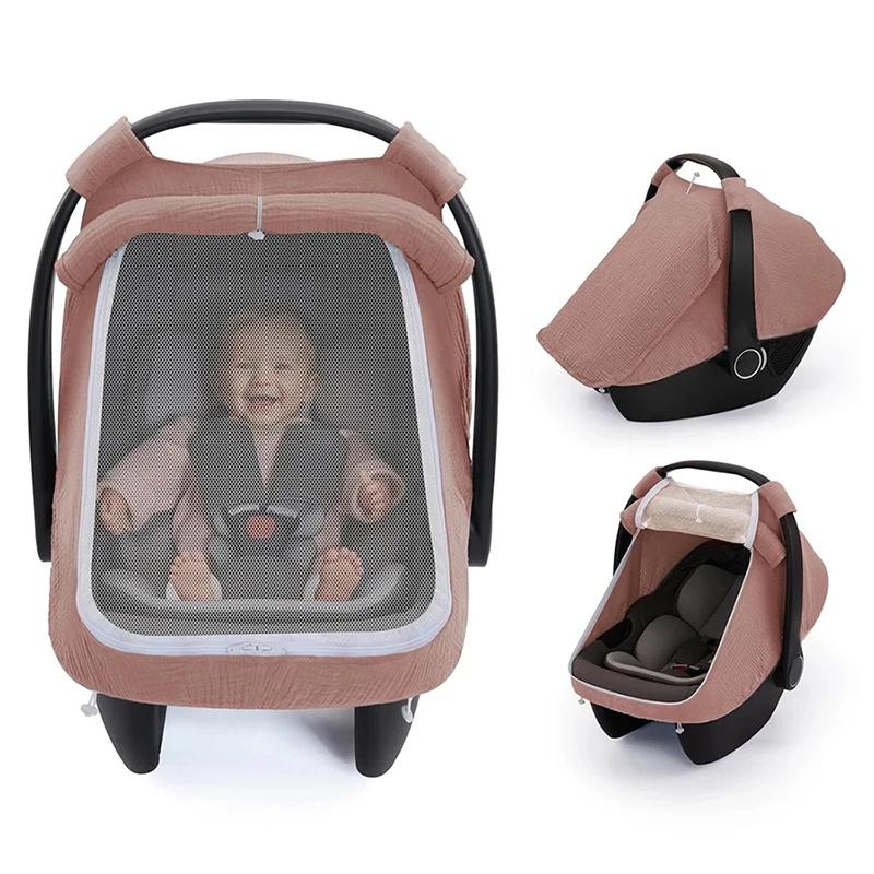 Housse de siège auto pour bébé en coton mousseline respirant avec grande fenêtre en maille, auvent d